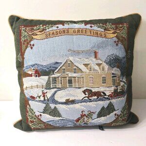 Dakotah Tapestry Throw Pillow Season Greetings Country Home Winter Ives Scene